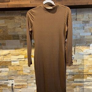 HAUTE MONDE MEDIUM CHIC RIBBED DRESS CHOCOLATE BROWN LS SLENDER FIT MIDI NWT
